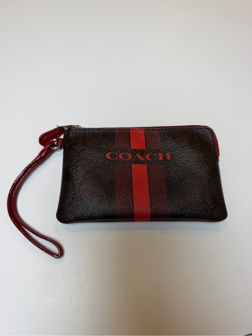 Coach signature Black Pouch with Red Varsity Stripe wristlet wallet logo zip
